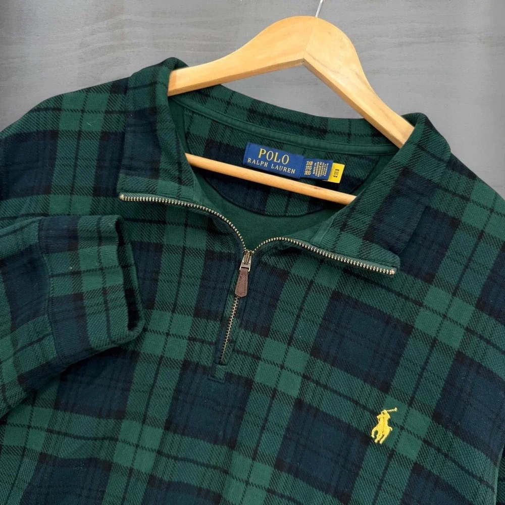 Polo Ralph Lauren Quarter Zip Pullover Green Black Plaid Knit Cotton Sweater 3XB